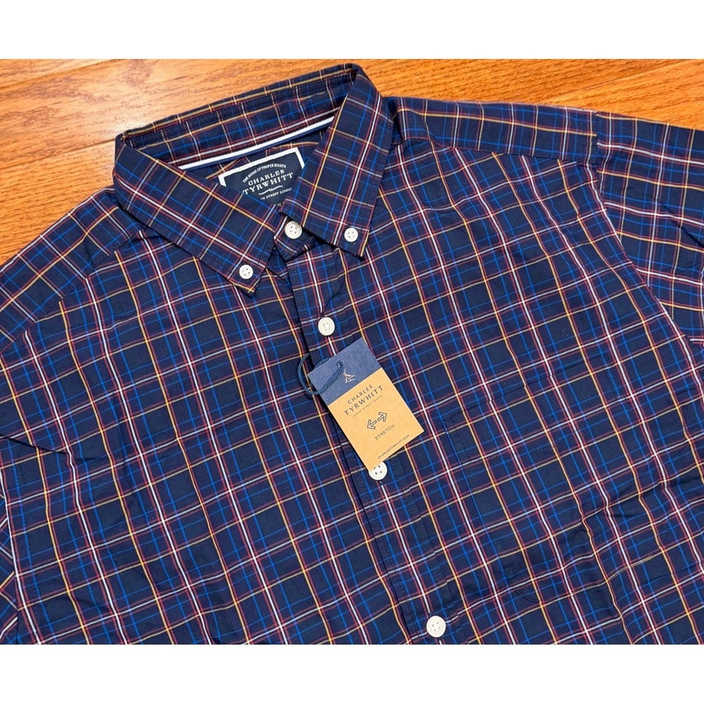 New Charles Tyrwhitt Button-Down Shirt Mens Large Classic Navy Plaid Non-Iron